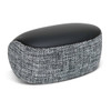 A Bluetooth speaker with a rounded black top and a textured grey fabric base, featuring a subtle logo.
