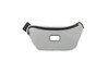 A grey eco waist bag with a zip closure and a rectangular logo patch on the front.