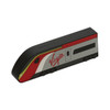 A power bank designed in the shape of a train, featuring red, grey, and black colours, with a logo.