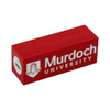 A red custom power bank with a logo featuring the name "Murdoch University".