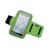 A green armband phone holder with a transparent front, featuring slots for cards and an adjustable strap.