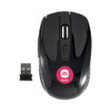 A black wireless mouse with a USB receiver, featuring a round logo on its surface.