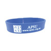 A blue silicone wristband featuring a logo and website details. It's flexible and suitable for exhibitions and events.