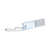 A clear, rectangular USB flash drive with a silver chain attached for easy carrying.