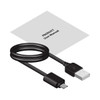 A USB charging cable in black alongside a user manual. The items are arranged with a simple, clean background.