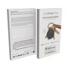 A product package for the SwiftFinder Duo Smart Global Tracker, featuring a black Bluetooth tracker. Includes branding and icons.