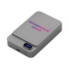 A grey wireless power bank with a digital display and a logo, featuring a sleek, rectangular design.