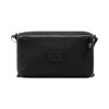A black toiletry bag featuring a sleek design and a logo, with dual zippered compartments.