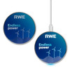 A round wireless charger in blue and white, featuring a logo and wind turbine graphics.