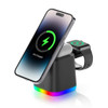 A 15W magnetic wireless charger in black with a multicoloured base, charging a phone and smartwatch.