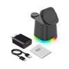 A black magnetic wireless charger, a USB cable, an 18W adaptor, and a user manual, featuring a colour-changing base.