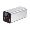 A silver power bank with two USB ports and a digital display, designed for laptops and devices.