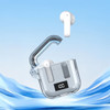 Transparent charging case with white Riverton Crystal TWS earbuds floating above, set against a blue background.