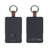 A black magnetic power bank with a leather strap and keyring, featuring a circular charging area and indicator lights.