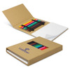 A creative sketch set featuring assorted coloured pencils in vibrant hues, presented in a cardboard case with an attached notepad.