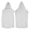 A white adult hooded towel featuring a hood and open sides, shown from the front and back. The towel has a logo.