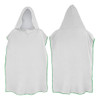 A white adult hooded towel with green trim, featuring a spacious design and a hood. It has a logo on it.