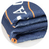 A navy hooded towel folded neatly, featuring an orange design and a logo.