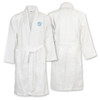 A white waffle bathrobe featuring a logo, with front and back views displayed.