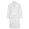 A white waffle bathrobe featuring a tied waist and long sleeves, with a logo on the neckline.