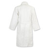 A white waffle bathrobe with long sleeves and a belt, featuring branding on the back.