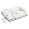 A folded white waffle bathrobe with a matching tie belt, featuring a textured fabric and branding.