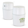 Aroma diffuser in white with a logo, featuring a smooth cylindrical design and a top opening.