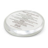 A round hand soap travel case with a transparent design, featuring a logo and ingredient details on the underside.