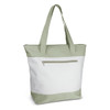 A tote bag featuring a white body and muted green accents, with a zipper pocket on the front and two handles.