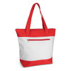 A tote bag in white and red, featuring a zippered pocket and two handle straps. It has a logo on the front.
