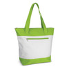 A green and white tote bag with a zippered front pocket and two shoulder straps, featuring a logo.