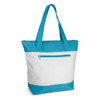 A tote bag featuring a turquoise and white design, with a zippered front pocket and two shoulder straps.