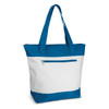 A tote bag featuring a blue top and base with a white middle section, including a zippered pocket.