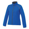 A vibrant blue women's packable rain jacket with a sleek design and zippered front. Features a logo.