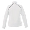 A women's packable rain jacket in white with a high collar and reflective detailing on the back.