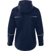 A navy blue women's rain jacket with a hood and reflective detailing on the back. Features a logo.