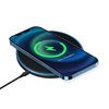 A wireless charger with a black base and blue rim, featuring a smartphone displaying a charging indicator.