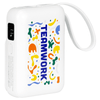A white power bank with a colourful design featuring abstract shapes and the word "TEAMWORK."