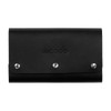 A black leather cover with metal studs, containing a travel card set. It features a branding logo.