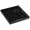 A black notebook and pen set presented in a sleek black box, featuring a logo on the cover.