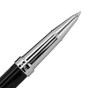 A black pen with a shiny silver tip and a branding logo on the barrel.