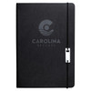 A black notebook with a textured cover and elastic closure, featuring a logo on the front.