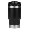 A drink bottle featuring a sleek black body with a stainless steel base, designed as a tumbler cooler.