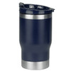A drink bottle in navy blue with a stainless steel base, designed as a 2-in-1 tumbler cooler. Features a logo.