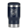 A drink bottle in navy blue with a stainless steel base and a logo featuring a van and mountains.