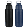 A drink bottle set featuring a matte black and a matte navy blue vacuum bottle, both with handles and logos.