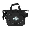 A black cooler bag with handles and a shoulder strap, featuring a logo on the front.