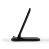 A sleek black wireless charger designed for efficient phone charging, featuring a stand for easy viewing.