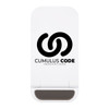 A white wireless charger with a logo featuring two intertwined shapes and a gray charging pad at the bottom.