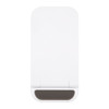 A white wireless charger with a sleek design and a dark grey base. It features a logo on its surface.